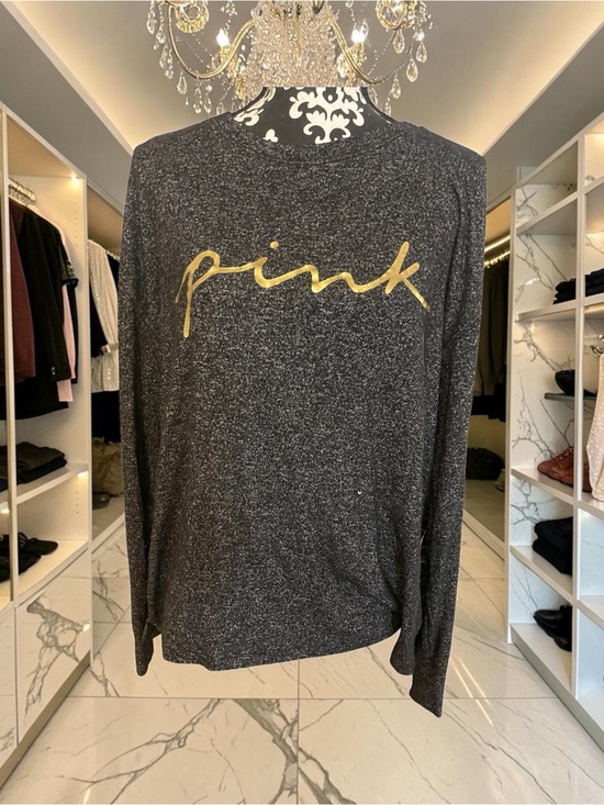 PINK Victoria's Secret Sweaters - PINK Victoria's Secret Black Glitter Long-Sleeve Top with Gold Script NWOT